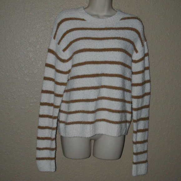 $395 Sz M Vince Striped Fuzzy Boucle Knit Waffle Stitch Crew Neck Sweater - Picture 2 of 7
